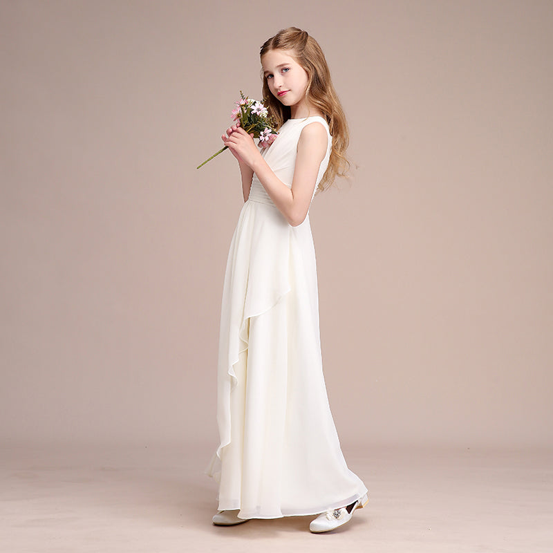 Dignified Girls' Formal Dress A Line Round Neck Sleeveless Pleated Floor-Length Dress Hot Sale Junior Bridesmaid Dress