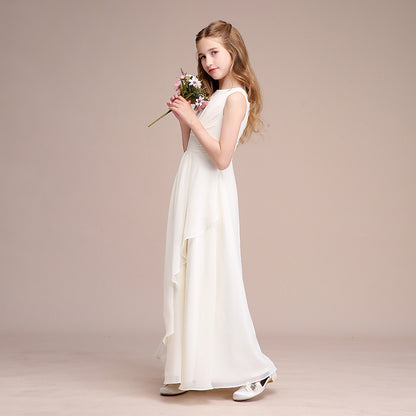 Dignified Girls' Formal Dress A Line Round Neck Sleeveless Pleated Floor-Length Dress Hot Sale Junior Bridesmaid Dress