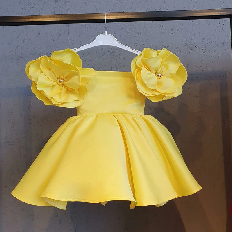 Wedding Flower Girl Dress Baby Girls Satin Flower Off-Shoulder Dress Infant Baptism Evening Wedding Birthday Prom Party Fluffy Gown Kids Princess Dress