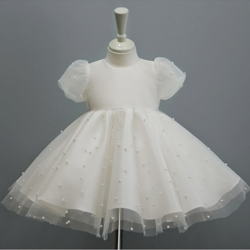 AERBA DRESS Wedding Flower Girl Dress A Line Round Neck Birthday Party Pearl Puff Sleeve Princess Dress