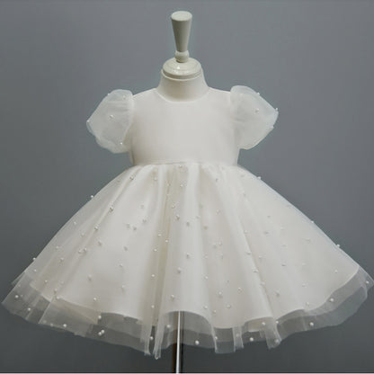 AERBA DRESS Wedding Flower Girl Dress A Line Round Neck Birthday Party Pearl Puff Sleeve Princess Dress