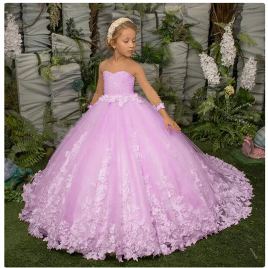 AERBA DRESS Wedding Flower Girl Dress Elegance Three Quartersleeve Applique Children Wedding Party Gowns New Kids Clothes Princess First Communion