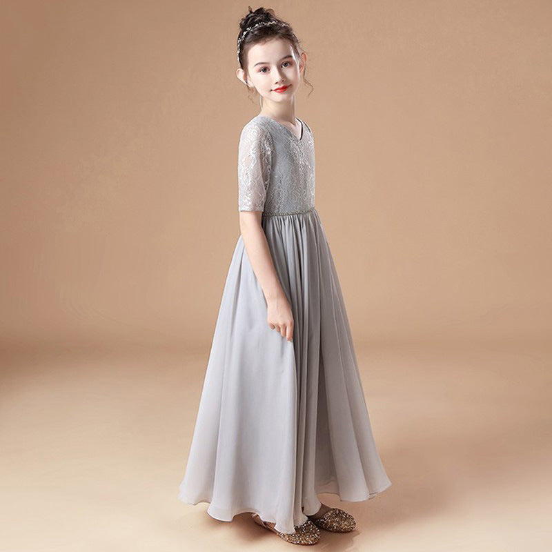 Girls' Formal Dress A-line Short Sleeve Chiffon Lace Floor Length Bridesmaid Dress Wedding Party Hot Sale Junior Bridesmaid Dress