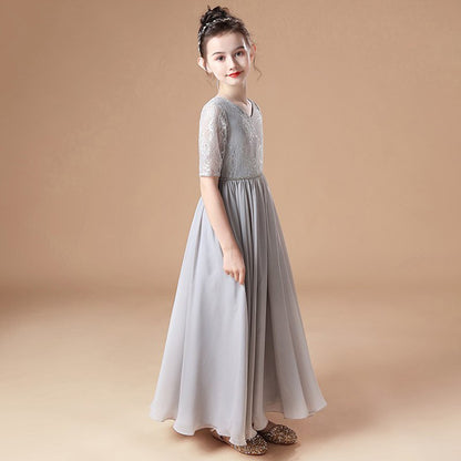 Girls' Formal Dress A-line Short Sleeve Chiffon Lace Floor Length Bridesmaid Dress Wedding Party Hot Sale Junior Bridesmaid Dress