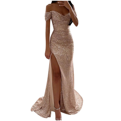 AerbaDress Sequin Mermaid Prom Dresses for Women Elegant Off Shoulder Maxi Formal Evening Party Gown with Slit