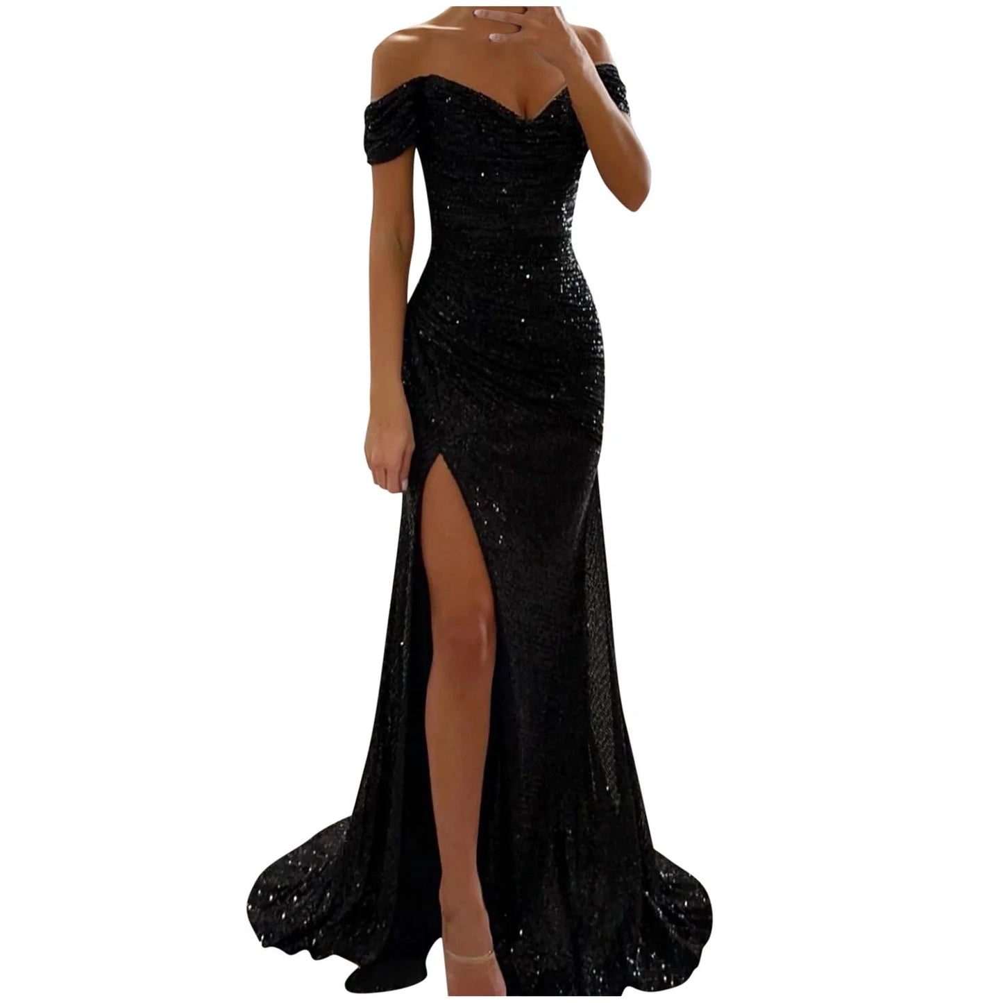 AerbaDress Sequin Mermaid Prom Dresses for Women Elegant Off Shoulder Maxi Formal Evening Party Gown with Slit