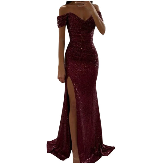 AerbaDress Sequin Mermaid Prom Dresses for Women Elegant Off Shoulder Maxi Formal Evening Party Gown with Slit