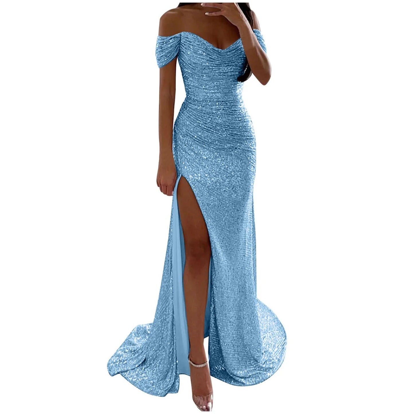 AerbaDress Sequin Mermaid Prom Dresses for Women Elegant Off Shoulder Maxi Formal Evening Party Gown with Slit