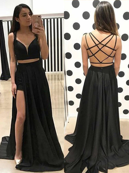 AerbaDress Prom Dresses Sexy A Line V Neck Two Piece Sweetheart Cross Back Split