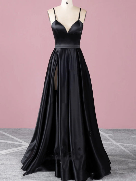 AerbaDress Formal Dress Sexy A line High Slit V Neck Spaghetti Straps Prom Dress Pockets Satin