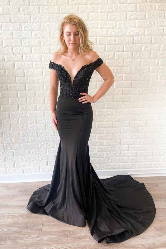 AerbaDress Prom Dresses Sexy Off the Shoulder Lace Bodice Black Mermaid Court