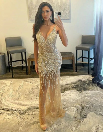 AerbaDress Prom Dress Sexy Golden Beaded V-Neck