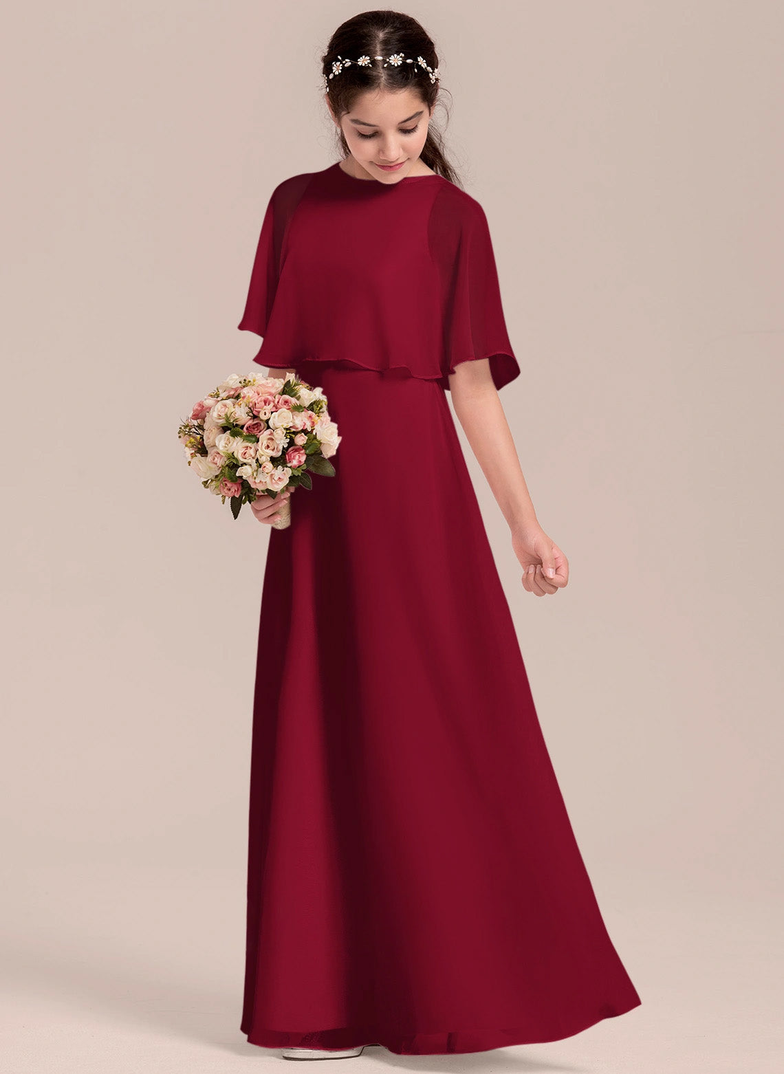 Elegant A-line Scoop Floor-Length Formal Girl's Dress Flowy Simple Junior Bridesmaid Dress