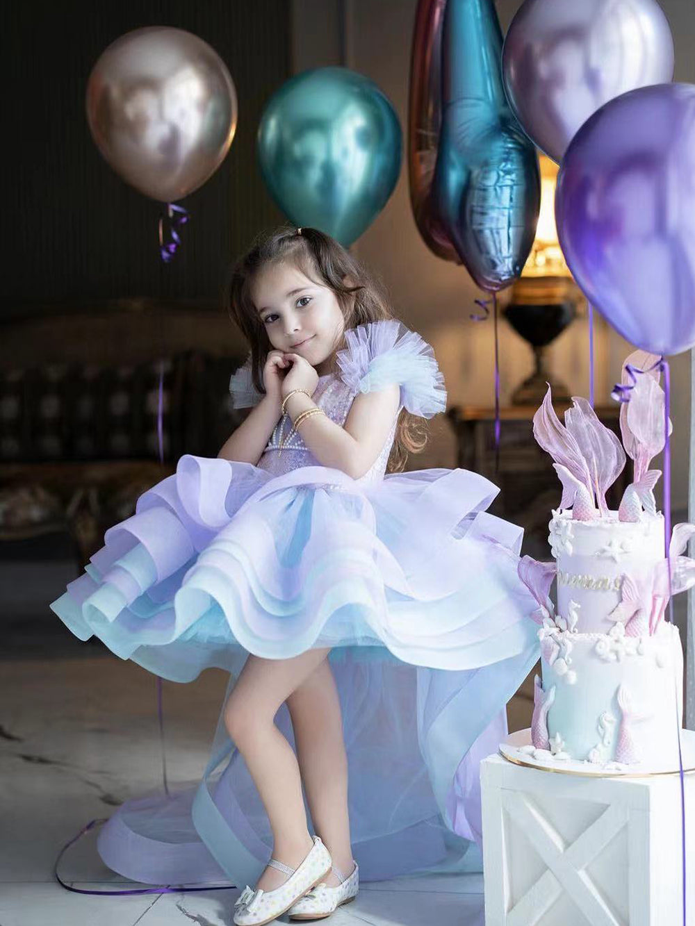 AERBA DRESS Wedding Flower Girl Dress Layered Pearls Sequins Ruffles Mermaid Kids Birthday Party First Communion Gowns