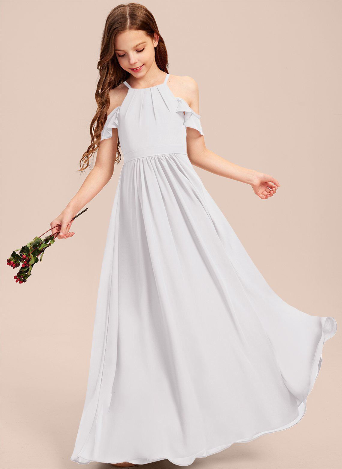 Girls' Formal Dress Elegant A Line Off Shoulder Ruched Chiffon Lace Holy Communion Birthday Ball Evening Dress Hot Sale Junior Bridesmaid Dress