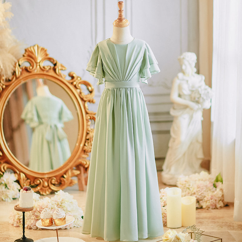 Girls' Formal Dress Elegant A Line Round Neck Flowy Sleeves Girls Chiffon Pleated Prom Birthday Dress Hot Sale Junior Bridesmaid Dress