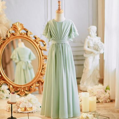 Girls' Formal Dress Elegant A Line Round Neck Flowy Sleeves Girls Chiffon Pleated Prom Birthday Dress Hot Sale Junior Bridesmaid Dress