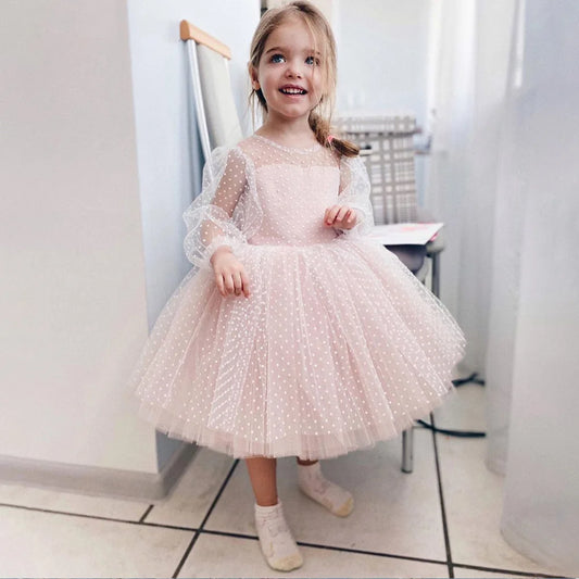 AERBA DRESS Wedding Flower Girl Dress Children's Polka Dot Lace Long Sleeved Performance Birthday Fluffy Short Skirt Princess Dress