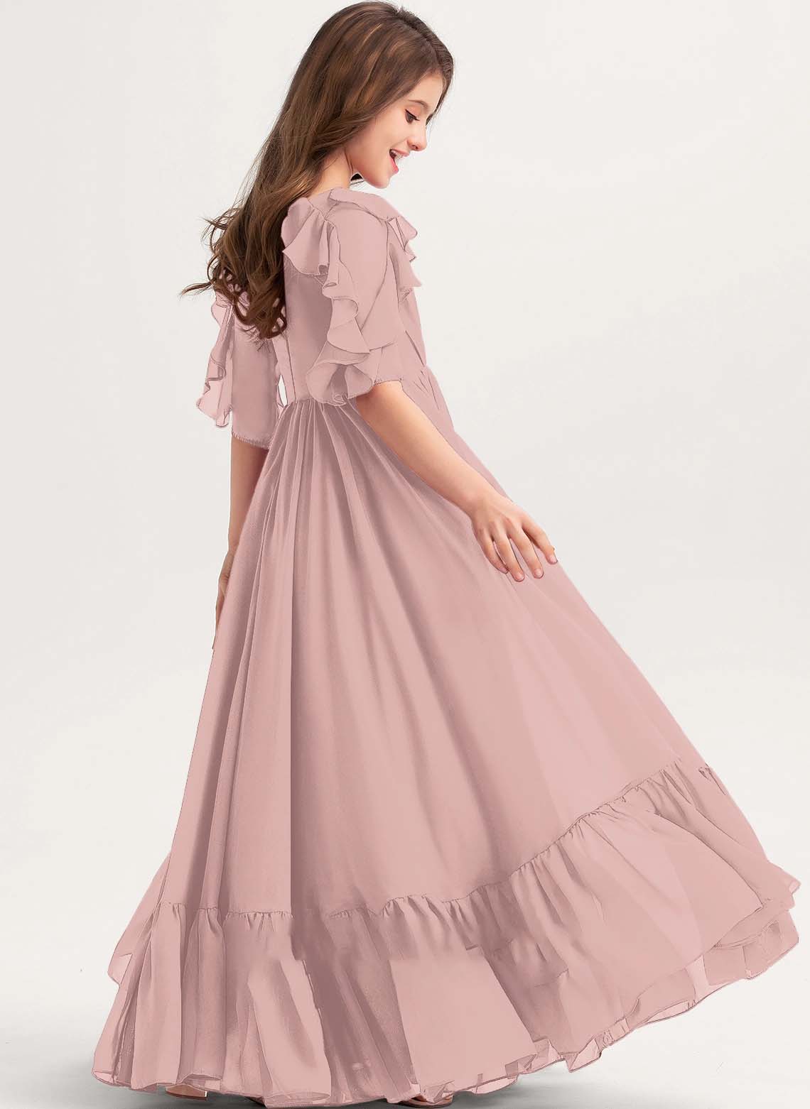 Girls' Formal Dress Elegant A Line Round Neck Short Sleeve Ruffles Floor-Length Hot Sale Junior Bridesmaid Dress