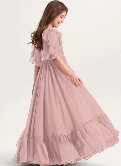 Girls' Formal Dress Elegant A Line Round Neck Short Sleeve Ruffles Floor-Length Hot Sale Junior Bridesmaid Dress