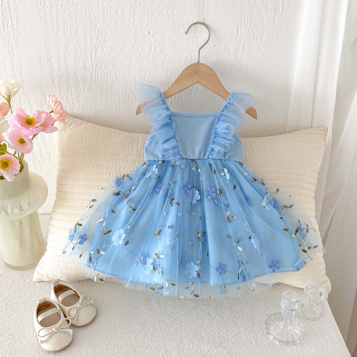 AERBA DRESS Wedding Flower Girl Dress Summer Girls Mesh Floral Sleeveless Girls Fashion Dress