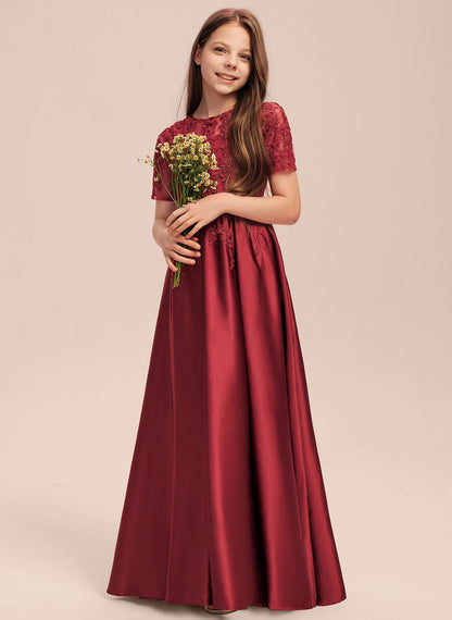 Elegant A-Line Scoop Short sleeve Floor-Length Lace Applique Pleated Fashion Junior Bridesmaid Dress