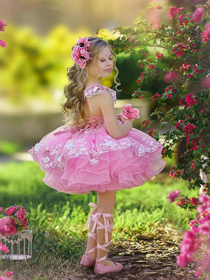 AERBA DRESS Wedding Flower Girl Dress 3d Applique Puffy Knee Length Mini Kids Birthday Party First Communion Gown