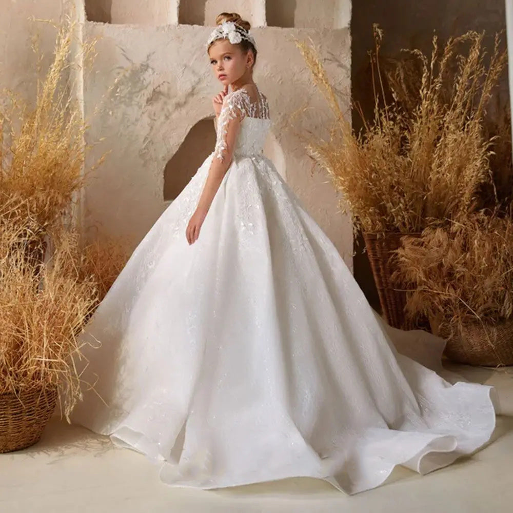 AERBA DRESS Wedding Flower Girl Dress Satin Beaded Sequin Full Sleeve Child First Communion Birthday Party Dress Ball Gowns