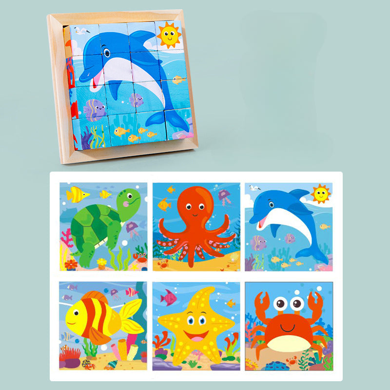 Aerba Children's Toys 3D cube Wooden puzzle children's nine pieces six-sided wooden block tray children's Montessori learning educational puzzle toys