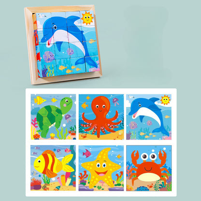Aerba Children's Toys 3D cube Wooden puzzle children's nine pieces six-sided wooden block tray children's Montessori learning educational puzzle toys