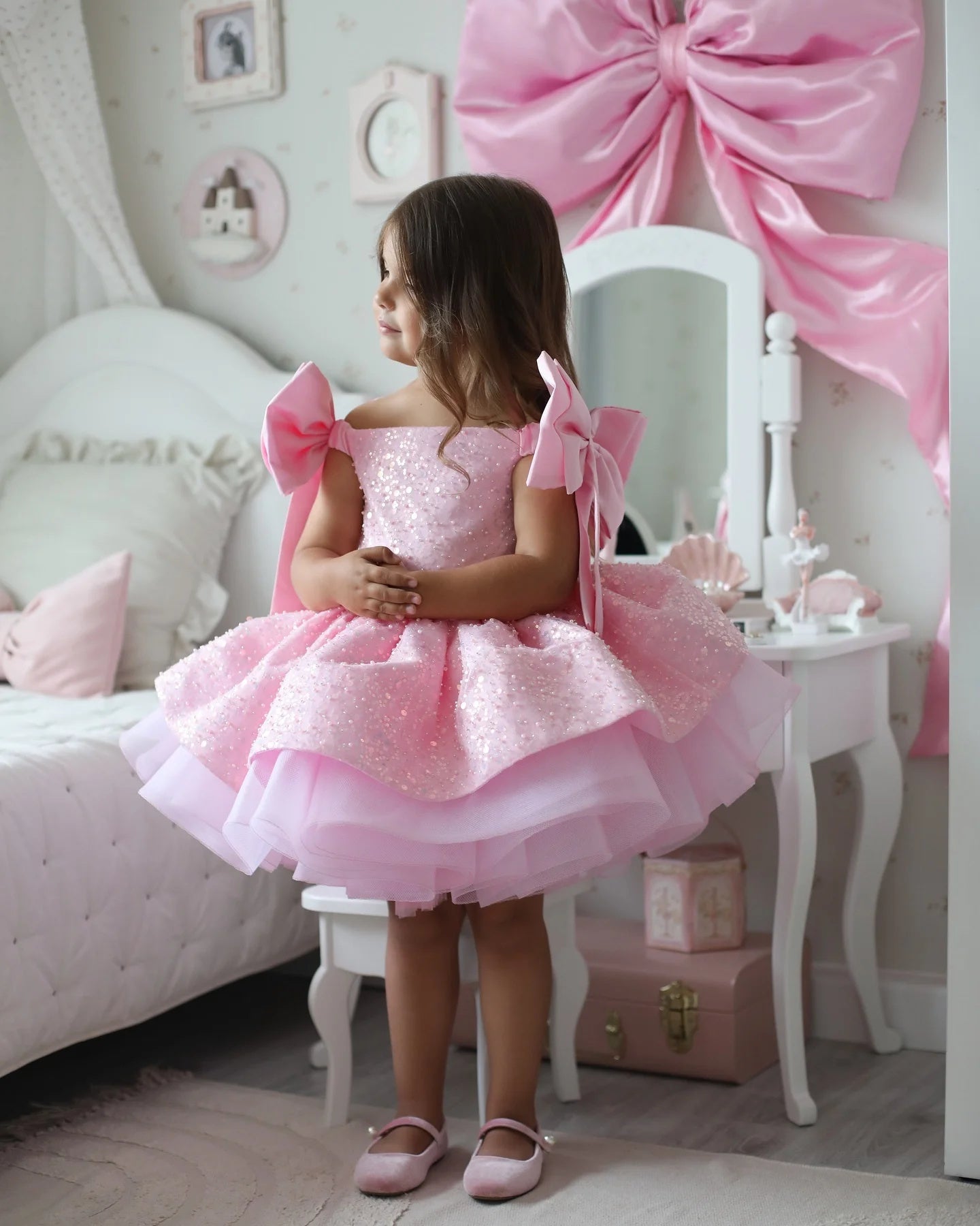 AERBA DRESS Wedding Flower Girl Dress Sequins With Bow Knee Length Cute Princess Birthday Party First Communion Gown