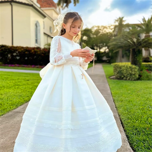 AERBA DRESS Wedding Flower Girl Dress Elegant Long-sleeved Tulle Lace Printing Princess Ball First Communion Dresses Kids Surprise Birthday Present