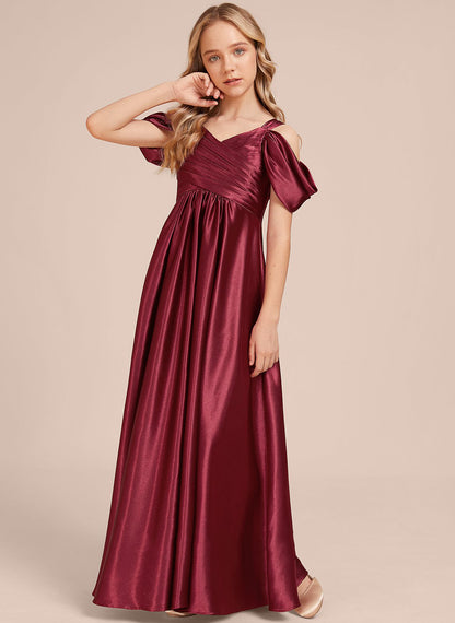 Dignified A-line V Neck Cold Shoulder Pleated Floor-Length Exquisite Junior Bridesmaid Dress