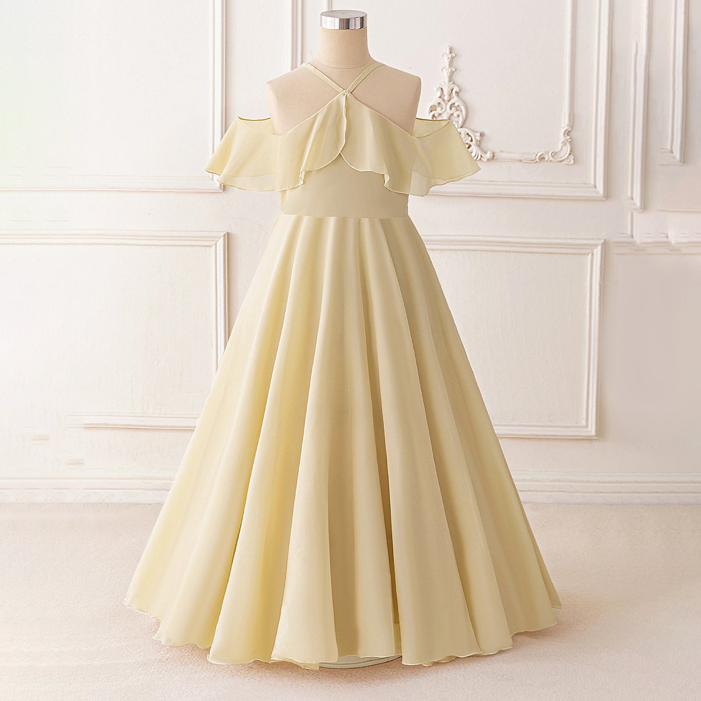 Girls' Formal Dress A Line Ruffle Girls Party Off Shoulder Long Wedding Princess Prom Dresses Kids Elegant Beach Birthday Evening Hot Sale Junior Bridesmaid Dress