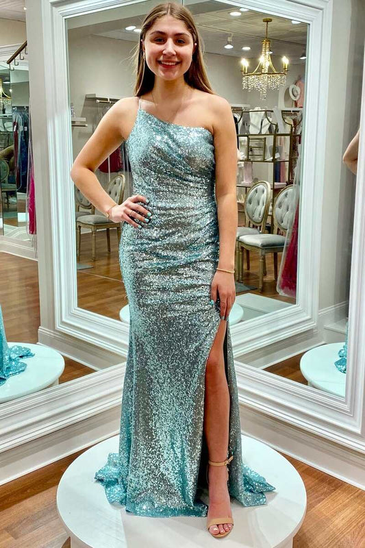 Prom Dresses Sheath/Column Split Front Floor Length One Shoulder Sequins