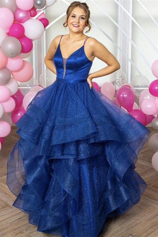 AerbaDress Formal Dress Shiny V Neck Straps Open Back Fluffy Long Ball Gown Prom Dress
