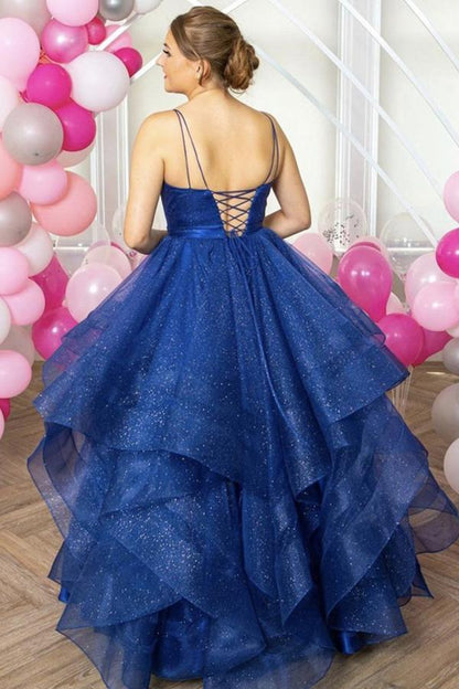 AerbaDress Formal Dress Shiny V Neck Straps Open Back Fluffy Long Ball Gown Prom Dress