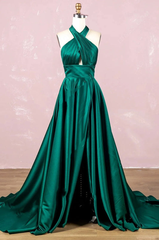 AerbaDress Prom Dresses Halter Satin Long Open Back