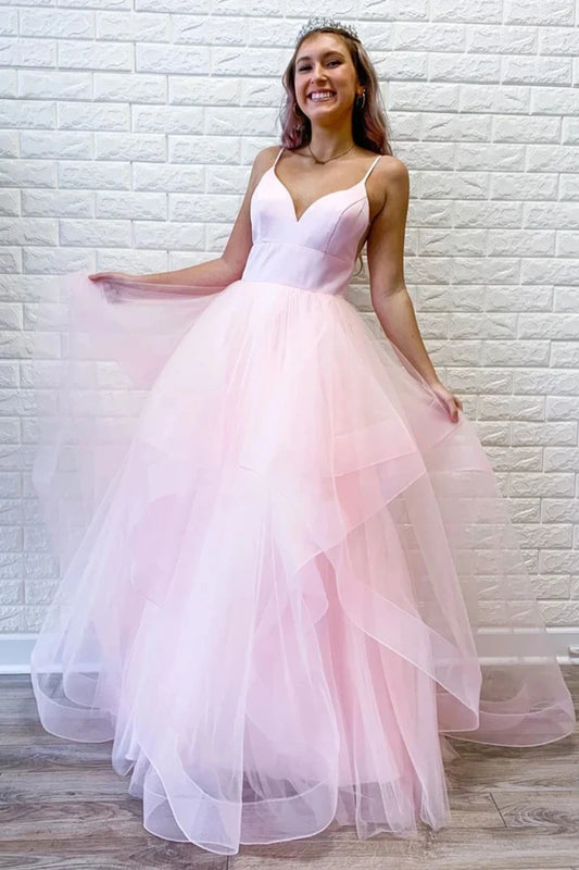 AerbaDress Formal Dresses Tulle Ruffles Straps V Neck Prom Dresses