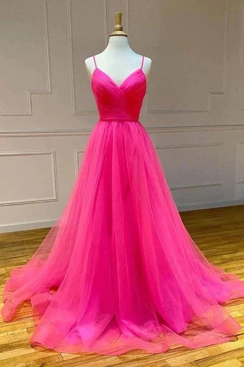AerbaDress Simple Long Formal Dress A-line Hot Pink Prom dresses With Slit