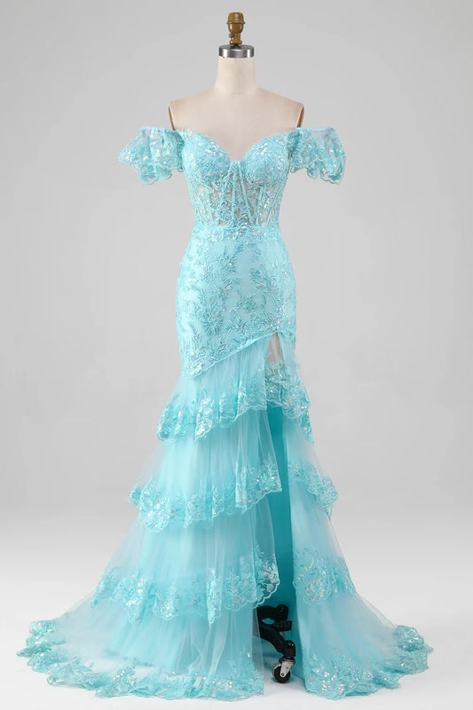 AerbaDress  Off the Shoulder Lace and Sequin Mermaid Prom Dress with Slit