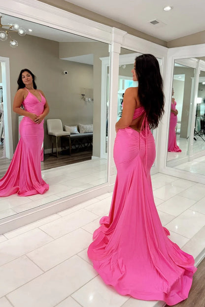 Sleek Mermaid Halter Backless Hot Pink Floor-Length Prom Dress