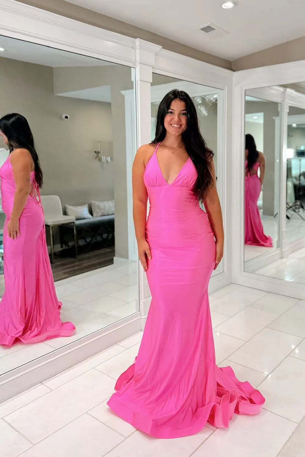 Sleek Mermaid Halter Backless Hot Pink Floor-Length Prom Dress