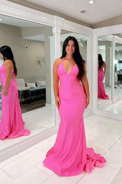 Sleek Mermaid Halter Backless Hot Pink Floor-Length Prom Dress