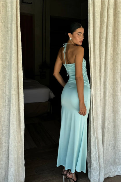 Sleek Mermaid Halter Cutout Light Blue Floor-Length Prom Dress