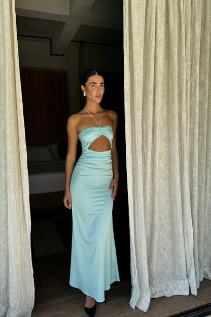 Sleek Mermaid Halter Cutout Light Blue Floor-Length Prom Dress