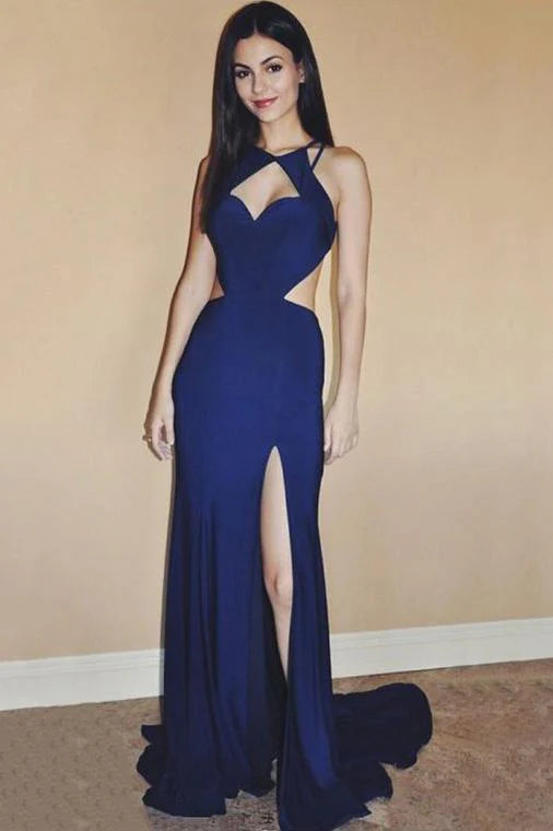 Sleek Mermaid Halter Sleeveless Cutout Navy Blue Floor-Length Prom Dress