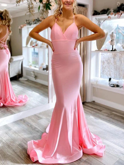 Sleek Mermaid V-Neck Sleeveless Lace-Up Pink Floor-Length Prom Dress