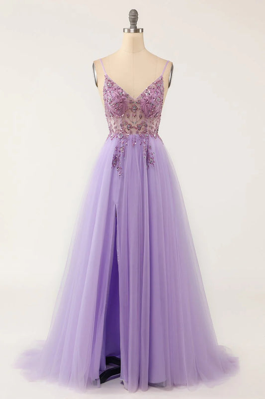 DingJiDress Sexy Spaghetti Straps Tulle V Neck Lavender Long Beaded Sleeveless Prom Dresses