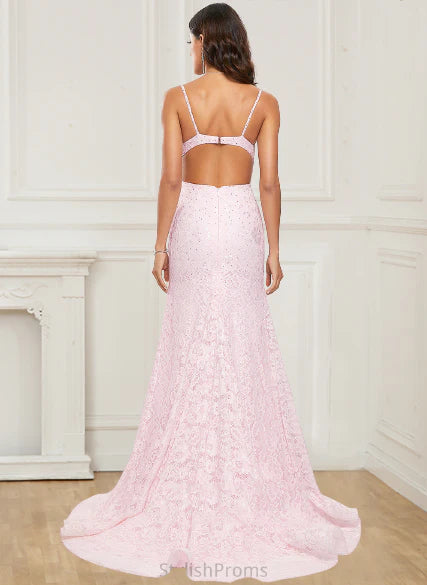 AerbaDress Evening Dresses Straps Scoop Lace Mermaid Prom With Slit Sweep Train